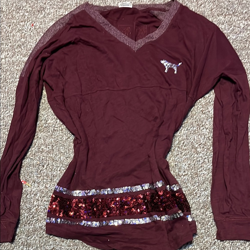 Women's Maroon Long Sleeve Top sequin PINK Victoria secret